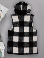 Colorblock Gingham Print Fleece Vest Coat