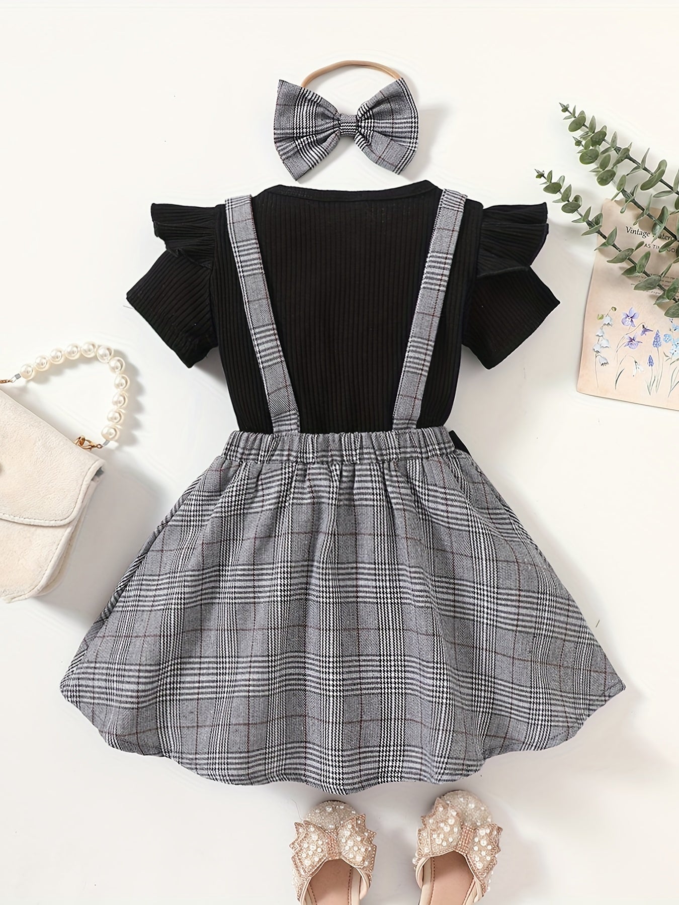 Toddler Girls Ribbed Knit T-shirt Top & Plaid Suspender Skirt