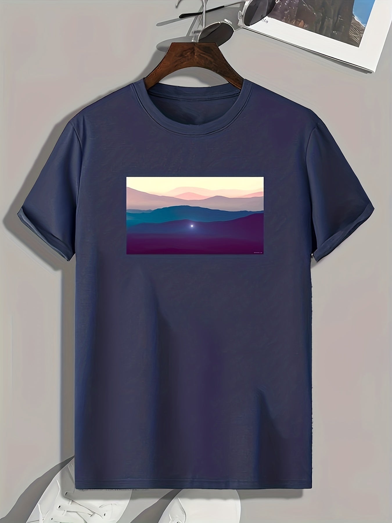 Scenery Print Men's Comfy T shirt Active Slightly Stretch Tee