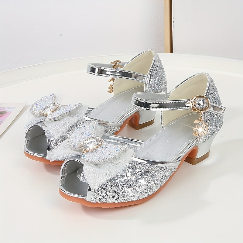 Bowknot Sequin High-heeled Sandals for Girls Lightweight Dress Shoes