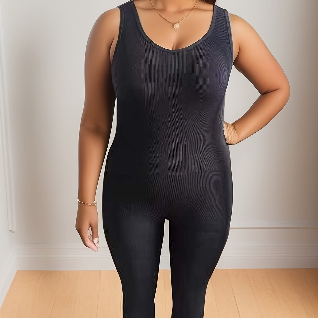 Casual Jumpsuit Women's Plus Solid Round Neck High Stretch Skinny Tank