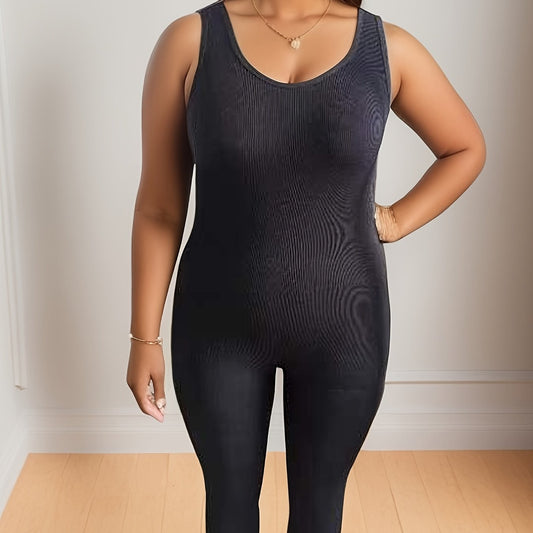 Casual Jumpsuit Women's Plus Solid Round Neck High Stretch Skinny Tank
