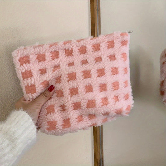 Waffle Plush Cosmetic Bag Large Capacity Travel Toiletry Storage Pouch