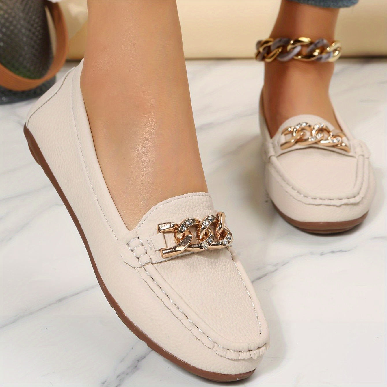 Women's Chain Loafers Rhinestone Slip-on Casual Shoes