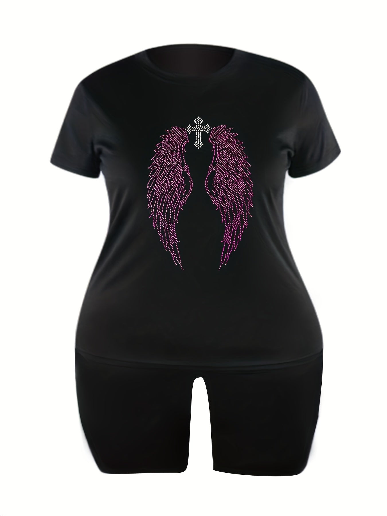 Rhinestone Cross & Wings Tee & Biker Shorts Set