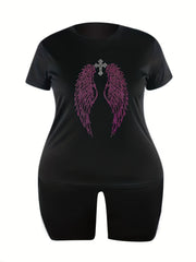 Rhinestone Cross & Wings Tee & Biker Shorts Set