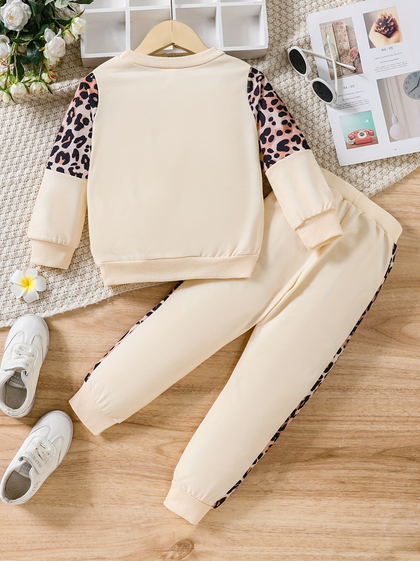 Girls Leopard Patchwork Sweatshirt Pants Set