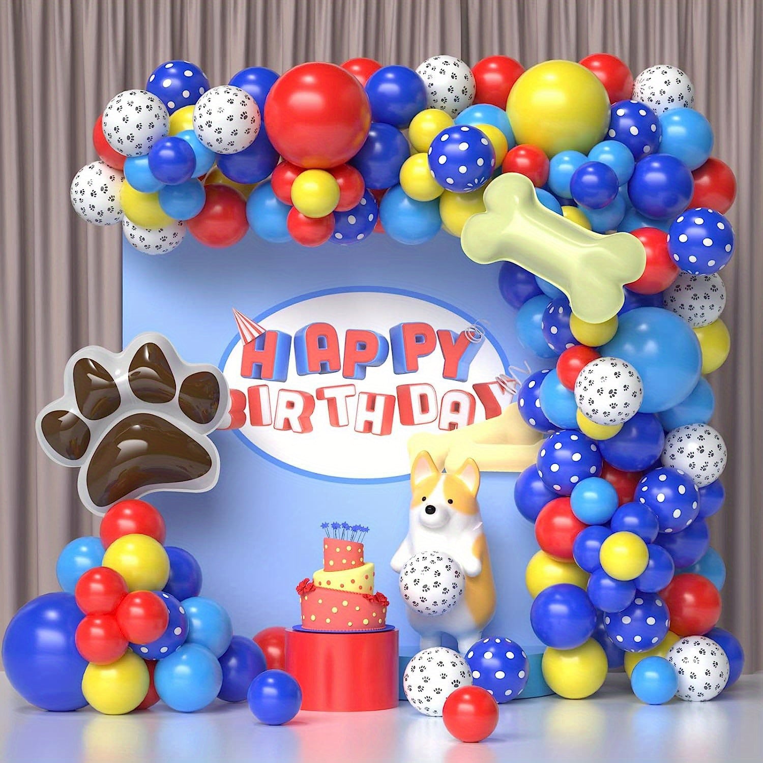 122pcs Paw Birthday Balloons Garland Kit Dog Paws Spotted Balloons Bone Foil Bal