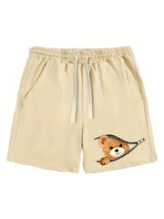BEAR Print Shorts Men's Comfy Loose Drawstring Shorts Men Clothes For Summer