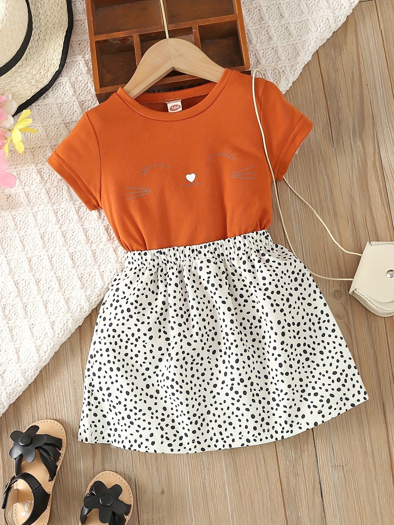 Toddler Girl's Kitty Print Tee & Dots Skirt Set