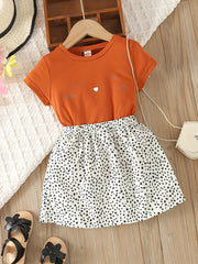 Toddler Girl's Kitty Print Tee & Dots Skirt Set