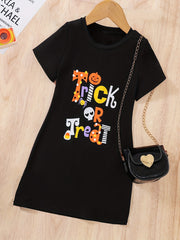 Girls Halloween Dress 'Trick Or Treat' Print Summer Casual Short Sleeves
