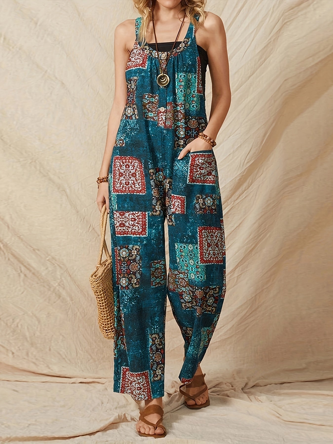 Hippie Patchwork Retro Print Wide Leg Jumpsuit Loose Casual Jumpsuit