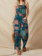 Hippie Patchwork Retro Print Wide Leg Jumpsuit Loose Casual Jumpsuit