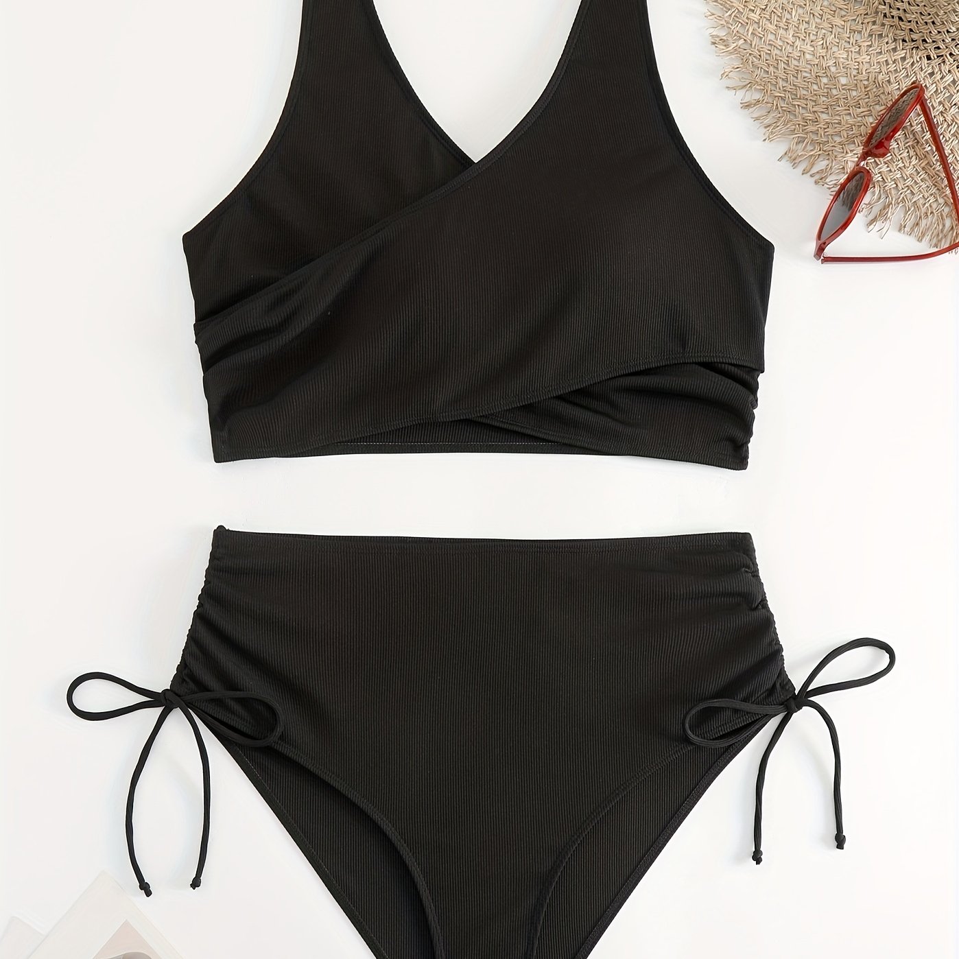 Solid Surplice Neck Crop Tank Top & Panty Swimsuit Set