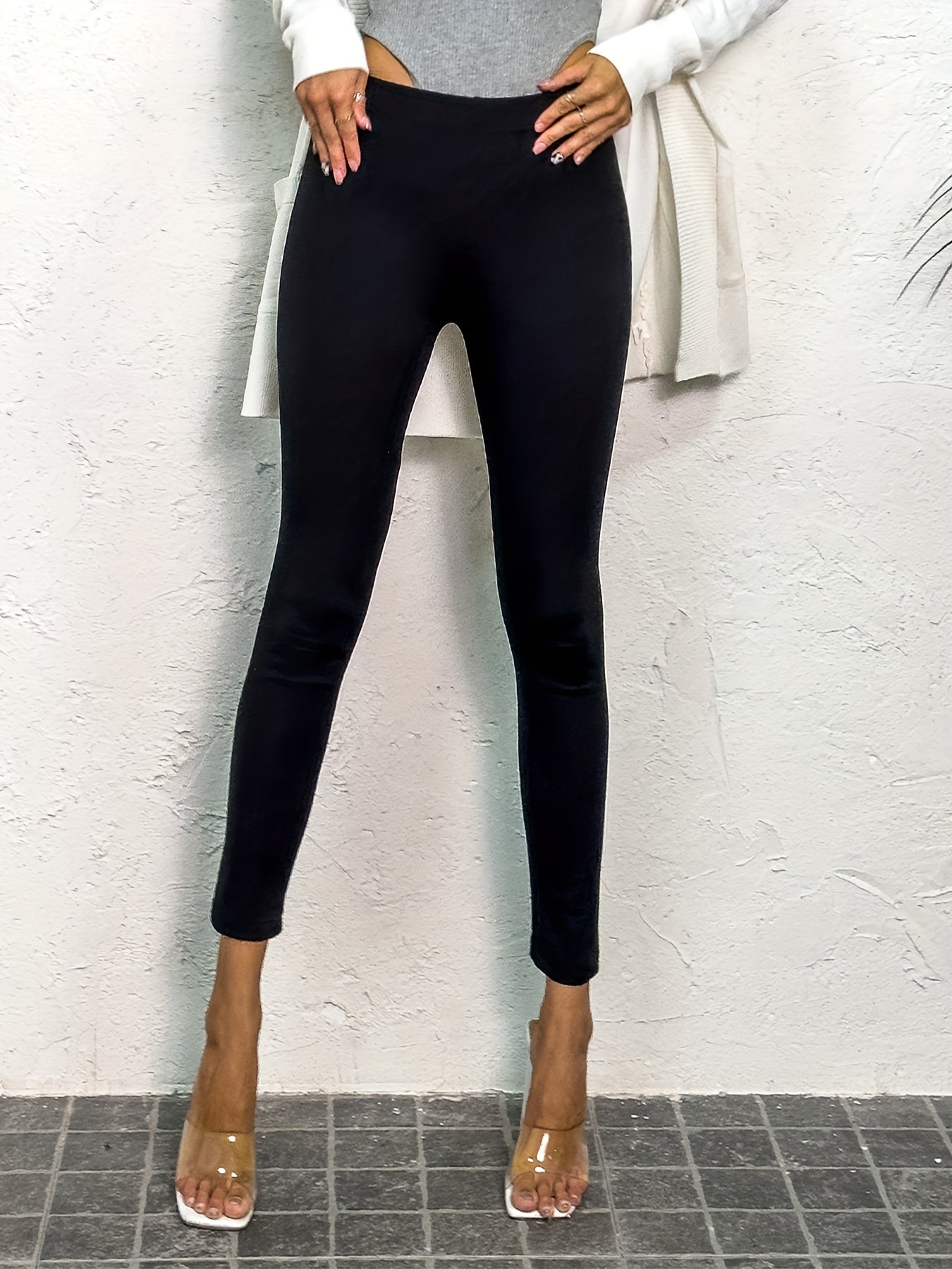 Solid High Waist Skinny Leggings Casual Stretchy Leggings