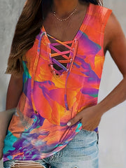 Tie Dye Print Criss Cross Tank Top Slight Stretch