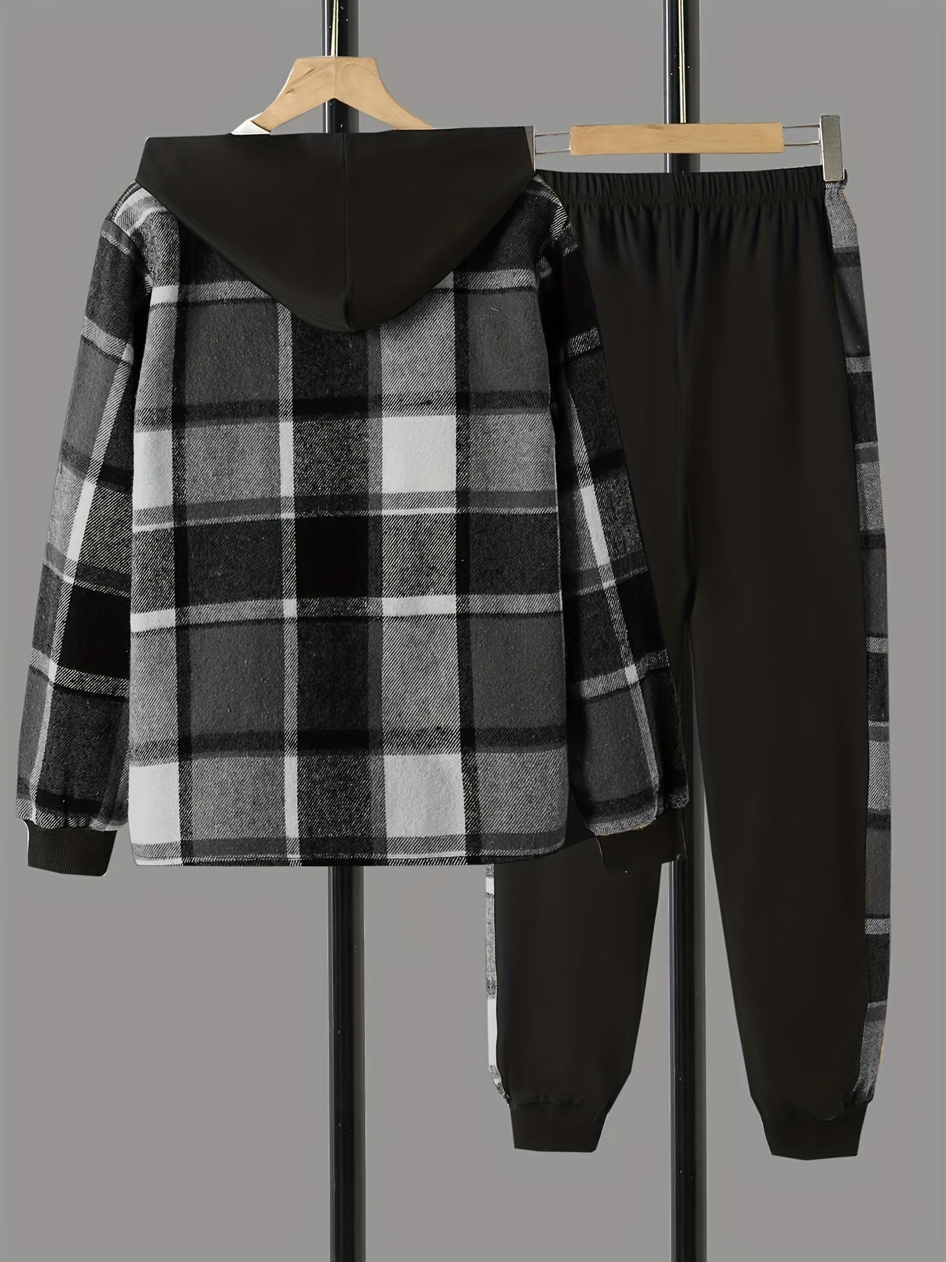 Boys 2pcs Hooded Shirt & Sweatpants Set Plaid Pattern Long Sleeve Top