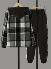 Boys 2pcs Hooded Shirt & Sweatpants Set Plaid Pattern Long Sleeve Top