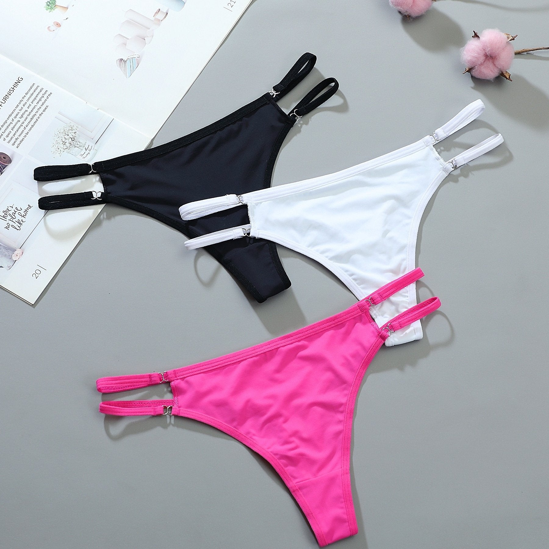 3 Pcs Double Thin Straps Thongs Breathable Low Waist Panties Women's Lingerie