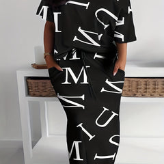 Letter Print 2pc Set Cold Shoulder Top & Drawstring Skirt Outfits