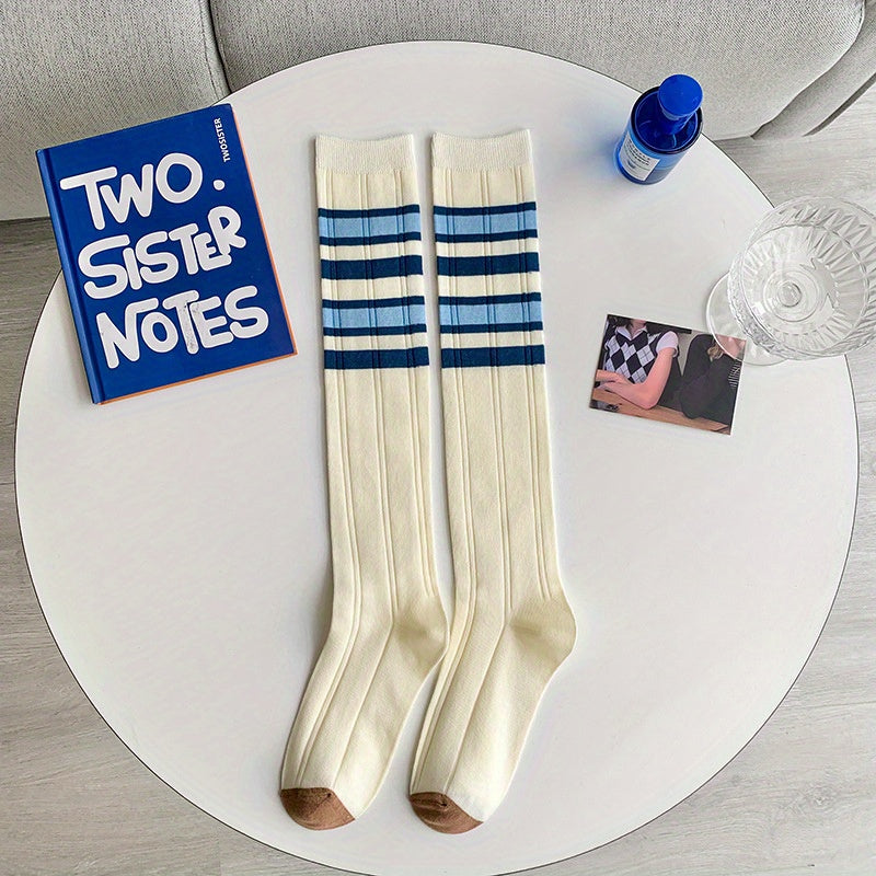 Striped Crew Calf Socks College Style Knee High Stockings