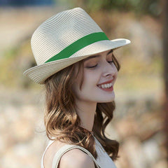 Women's Khaki Straw Fedora Sun Hat