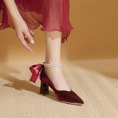 Pearl Chain Chunky Heel Wedding Pumps Bowknot Detail
