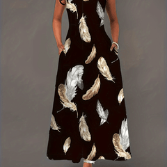 Feather Print Tank Dress With Pockets