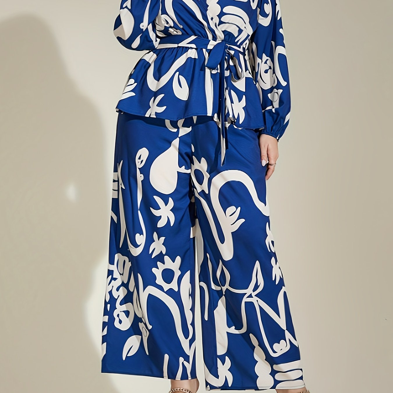 Graffiti Print Peplum Top & Wide Leg Pants Set