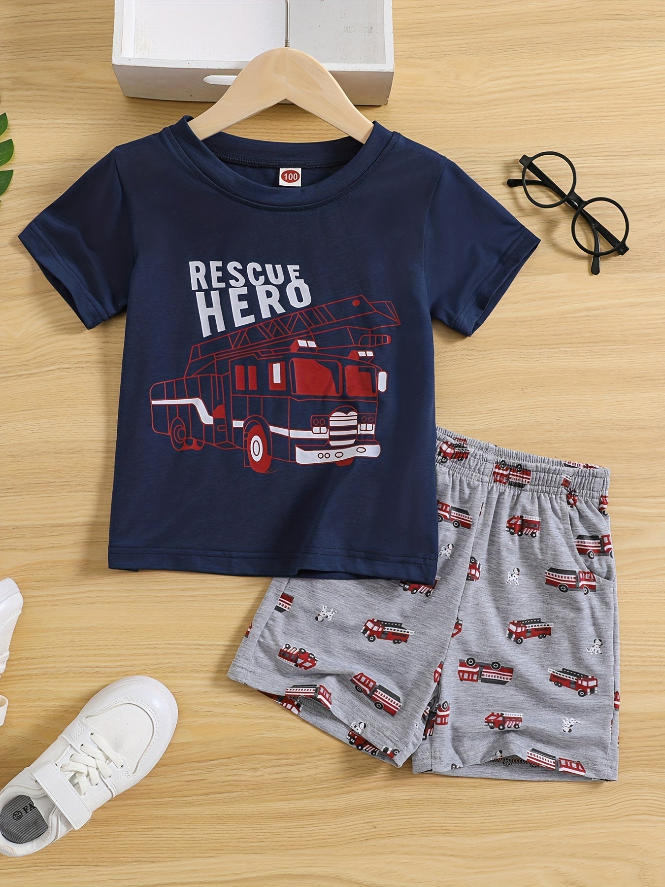Boys Fire Truck Print T shirt & Shorts Set