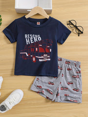 Boys Fire Truck Print T shirt & Shorts Set