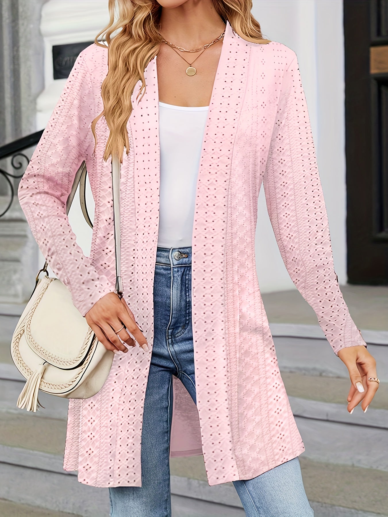 Solid Eyelet Embroidered Long Sleeve Open Front Cardigan