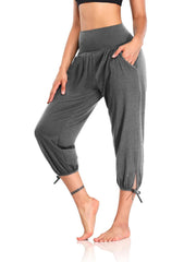Solid Lace Up Cropped Pants Loose High Stretch Running Pants Women's Activewear