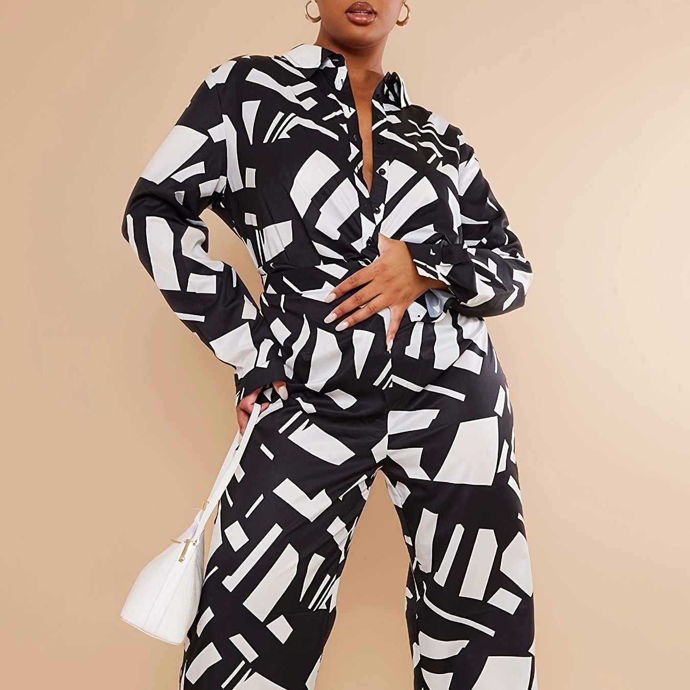 Women's Plus Geometric Print Button Up Top & Pants Set