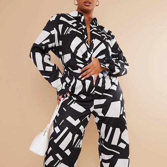 Women's Plus Geometric Print Button Up Top & Pants Set