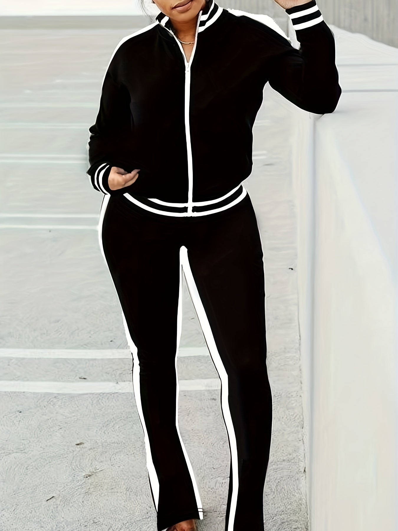 Colorblock Stripe Mock Neck Coat & Pants Set