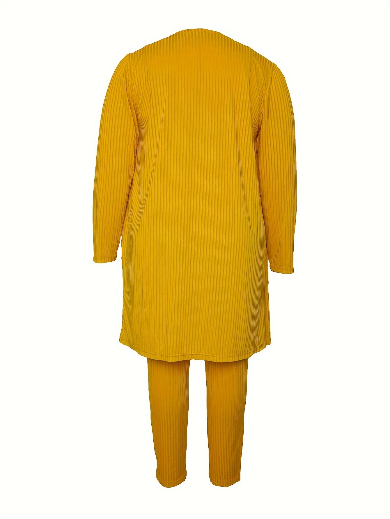 Solid Ribbed Knit Cardigan & Top & Pants Set