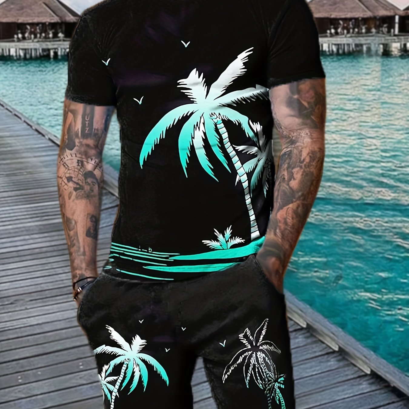 Coconut Tree Print Men's Outfits Casual T-shirt & Shorts Set
