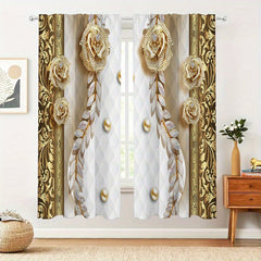 Marble Floral Printed Rod Pocket Curtains - Set of 2
