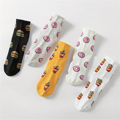 5 Pairs Cartoon Food Print Socks & Funny Mid Tube Socks Women's Stockings