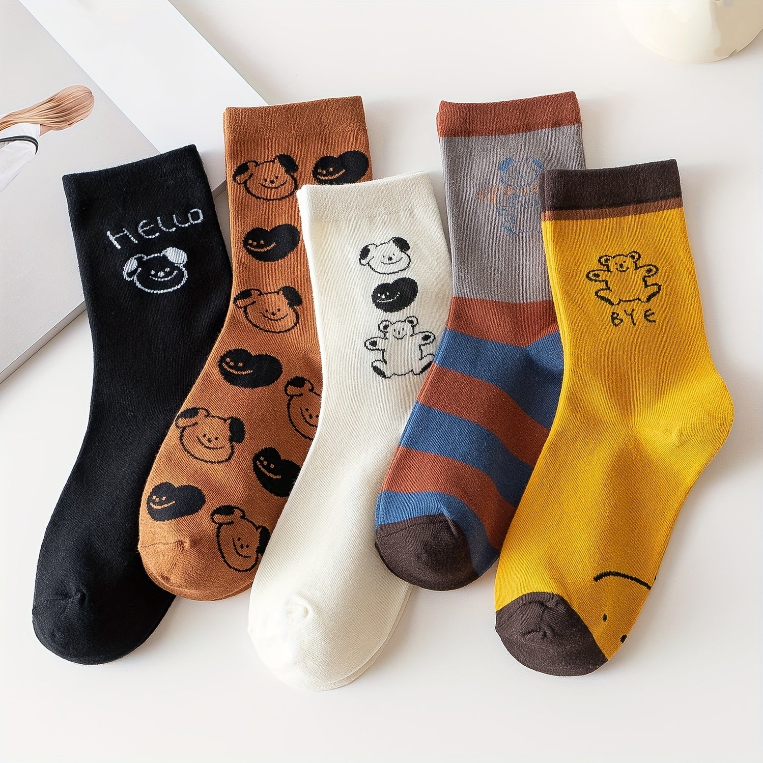5 Pairs Cartoon Animal Print Socks Cute & Comfy Women's Stockings