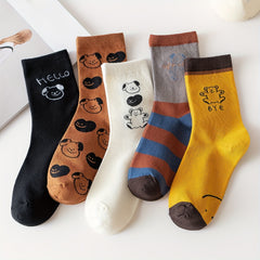 5 Pairs Cartoon Animal Print Socks Cute & Comfy Women's Stockings