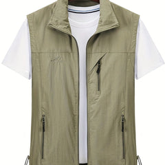 Men's Zipper Pockets Cargo Vest Stand Collar Zip Up Outwear
