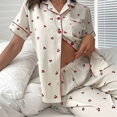 Cherry Print Pajama Set Short Sleeve Women's Sleepwear & Loungewear