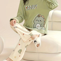 Dino Print Pajama Set Long Sleeve Top & Pants Women's Sleepwear