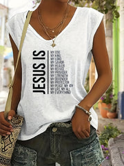 Jesus Letter Print Tank Top Casual V Neck Summer Cap Sleeve Top