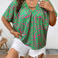 Allover Print Metal Decor V-Neck Top