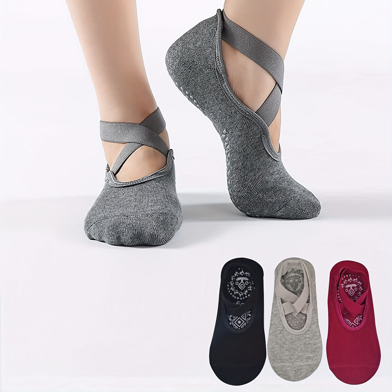 3 Pairs Yoga Socks Non Slip with Cross Strap & Grip for Balance & Stability