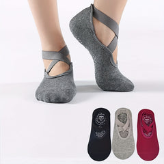 3 Pairs Yoga Socks Non Slip with Cross Strap & Grip for Balance & Stability